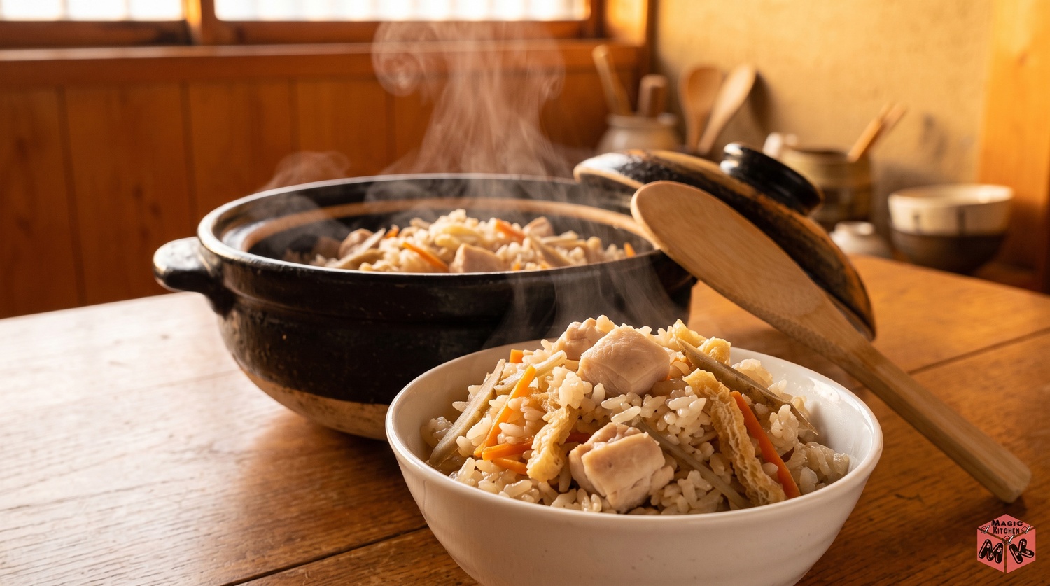 炊きたての炊き込みご飯を茶碗によそうイメージ