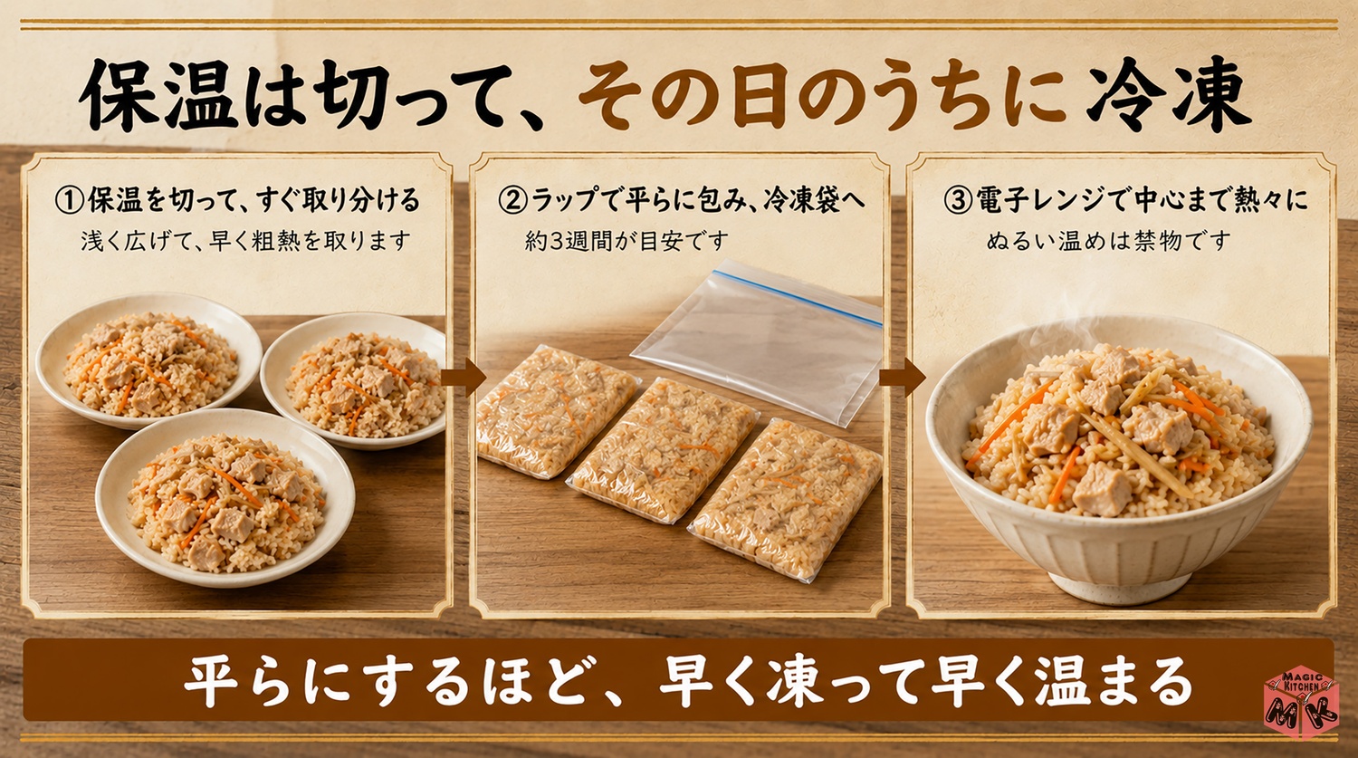 炊き込みご飯を冷凍保存する3ステップの工程図