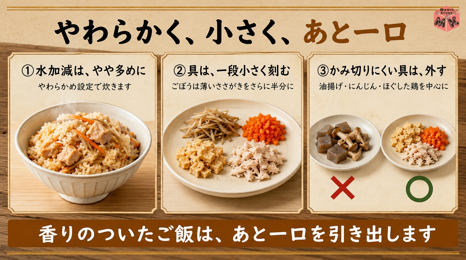 高齢の方や子供にやさしい炊き込みご飯の出し方の図解