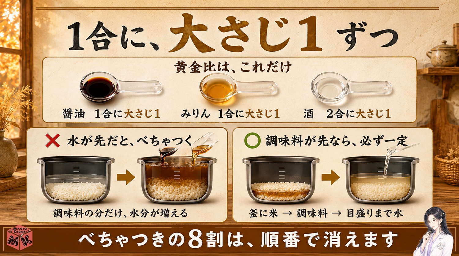 炊き込みご飯の調味料の黄金比と水加減の図解