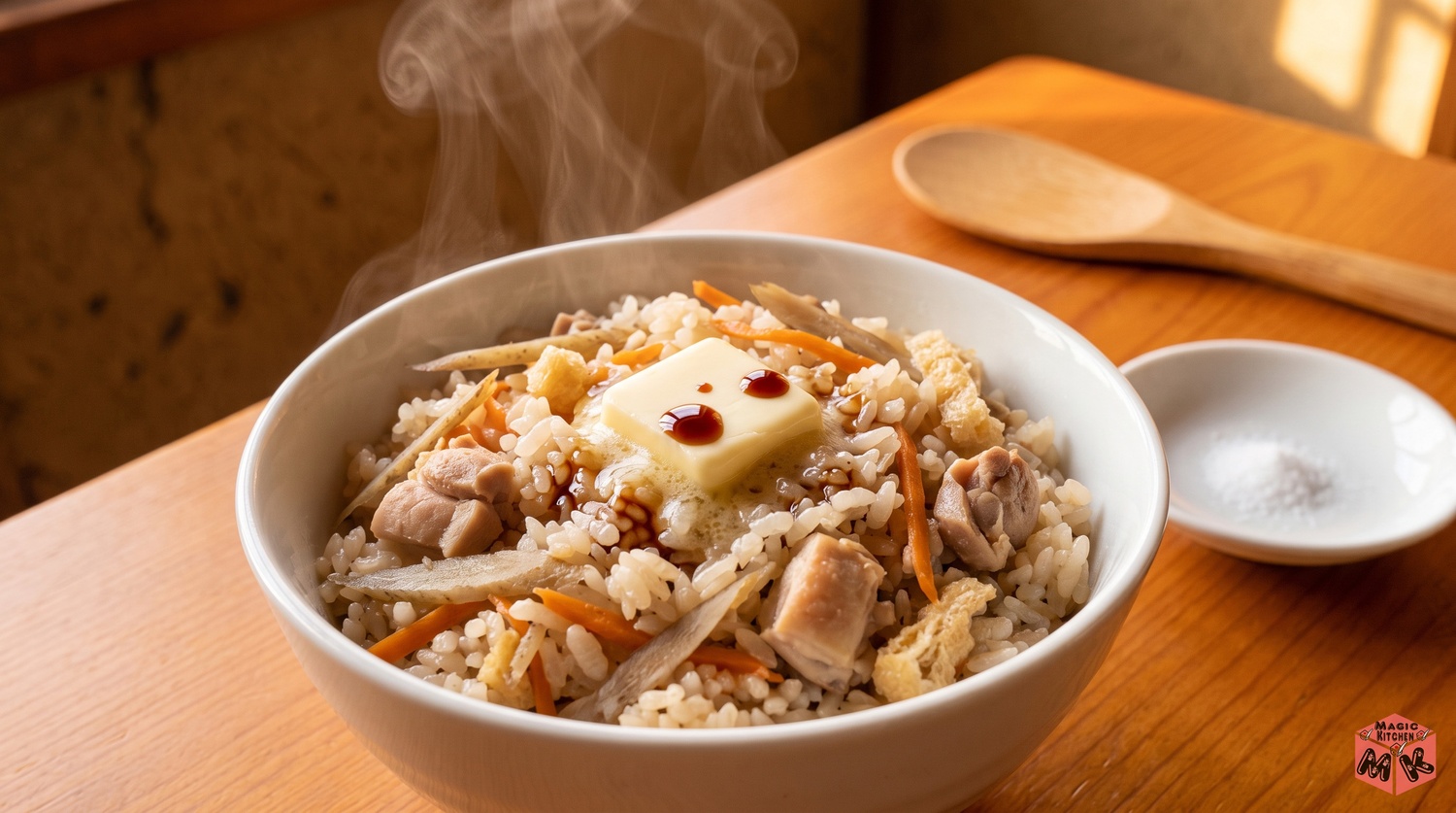 味がぼやけた炊き込みご飯に追いバター醤油をするイメージ