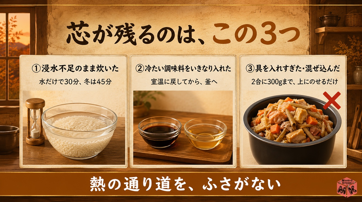 炊き込みご飯に芯が残る原因3つの図解