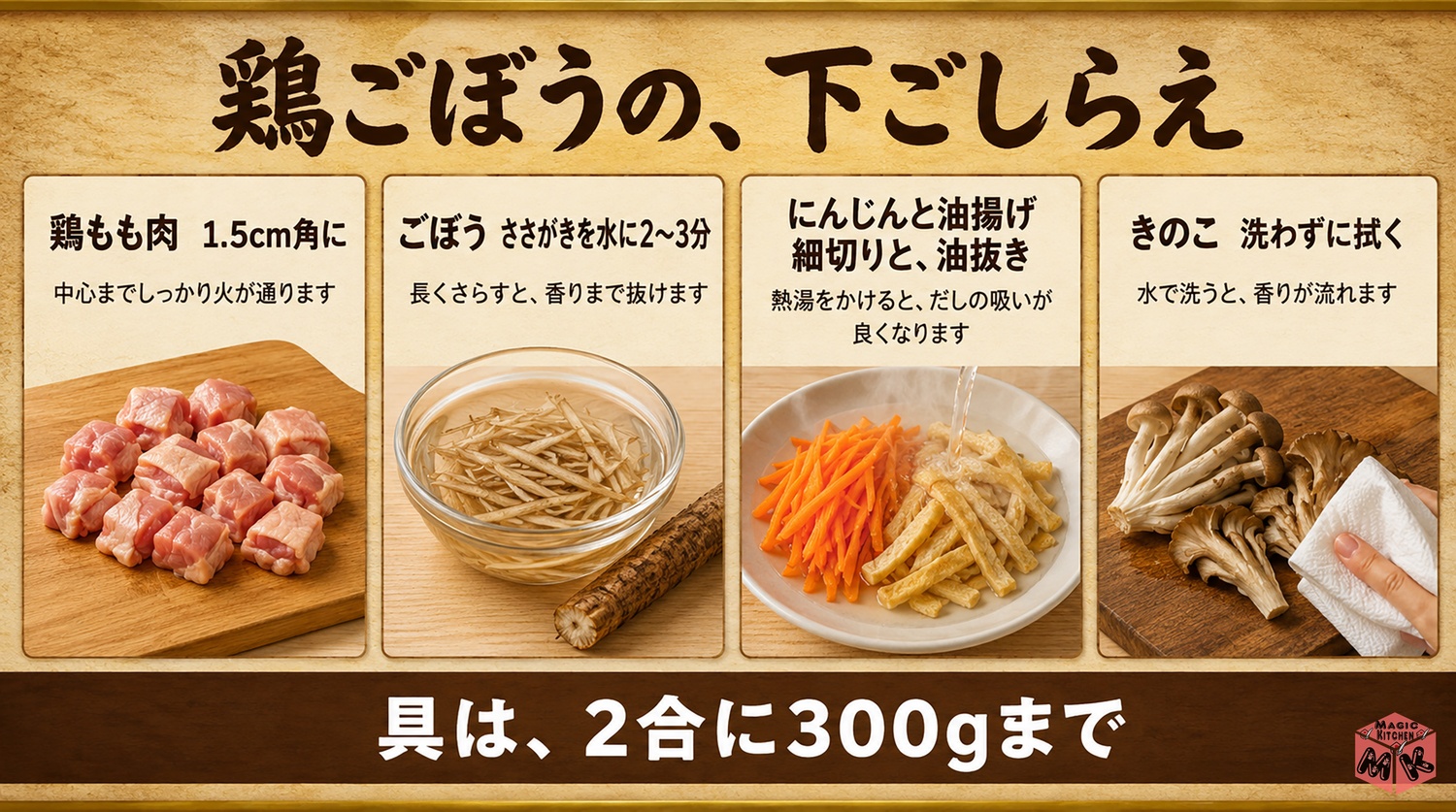 炊き込みご飯の具の下ごしらえの早見図解