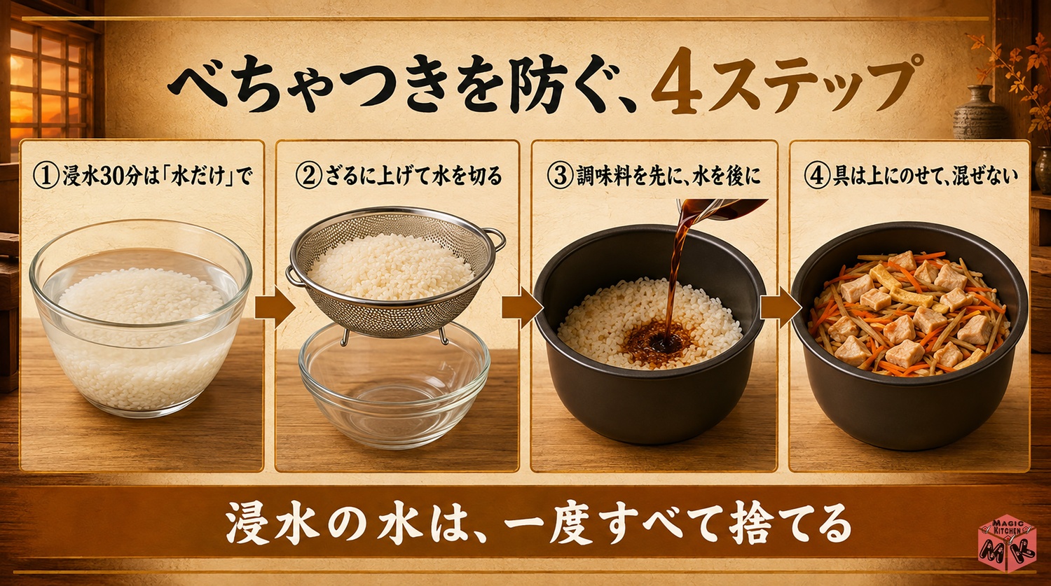 炊き込みご飯のべちゃつきを防ぐ4ステップの工程図