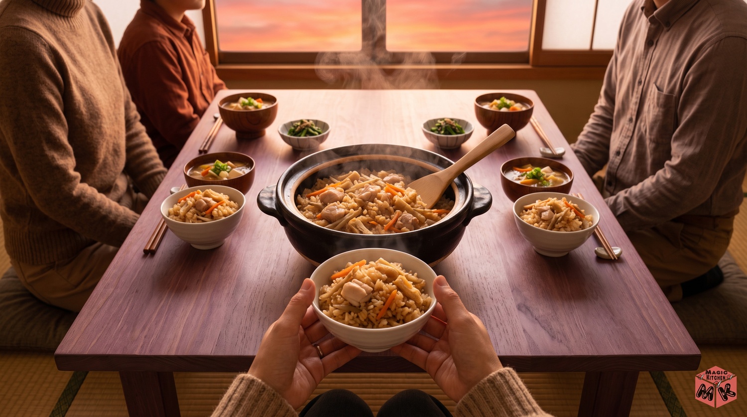 土鍋の炊き込みご飯を家族で囲む秋の食卓のイメージ