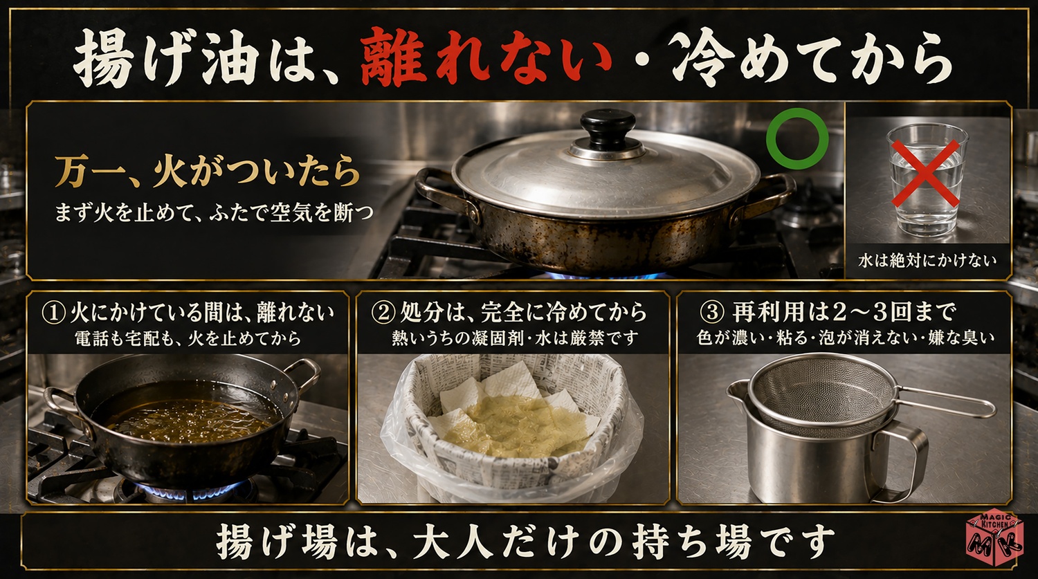 揚げ油の安全と後始末の図解（火が出たらふたをかぶせる）