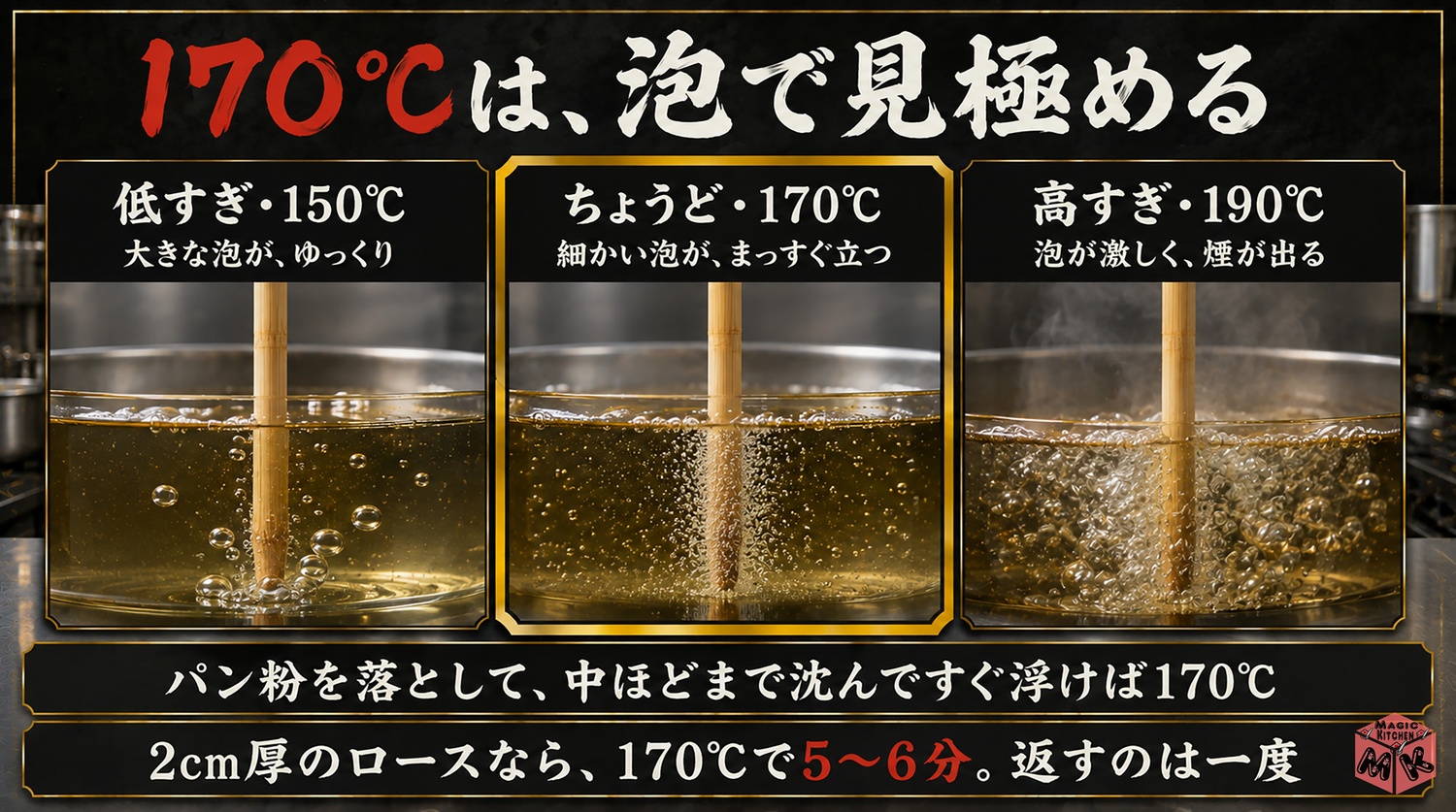 とんかつの揚げ油の温度の見分け方（150度・170度・190度）の図解