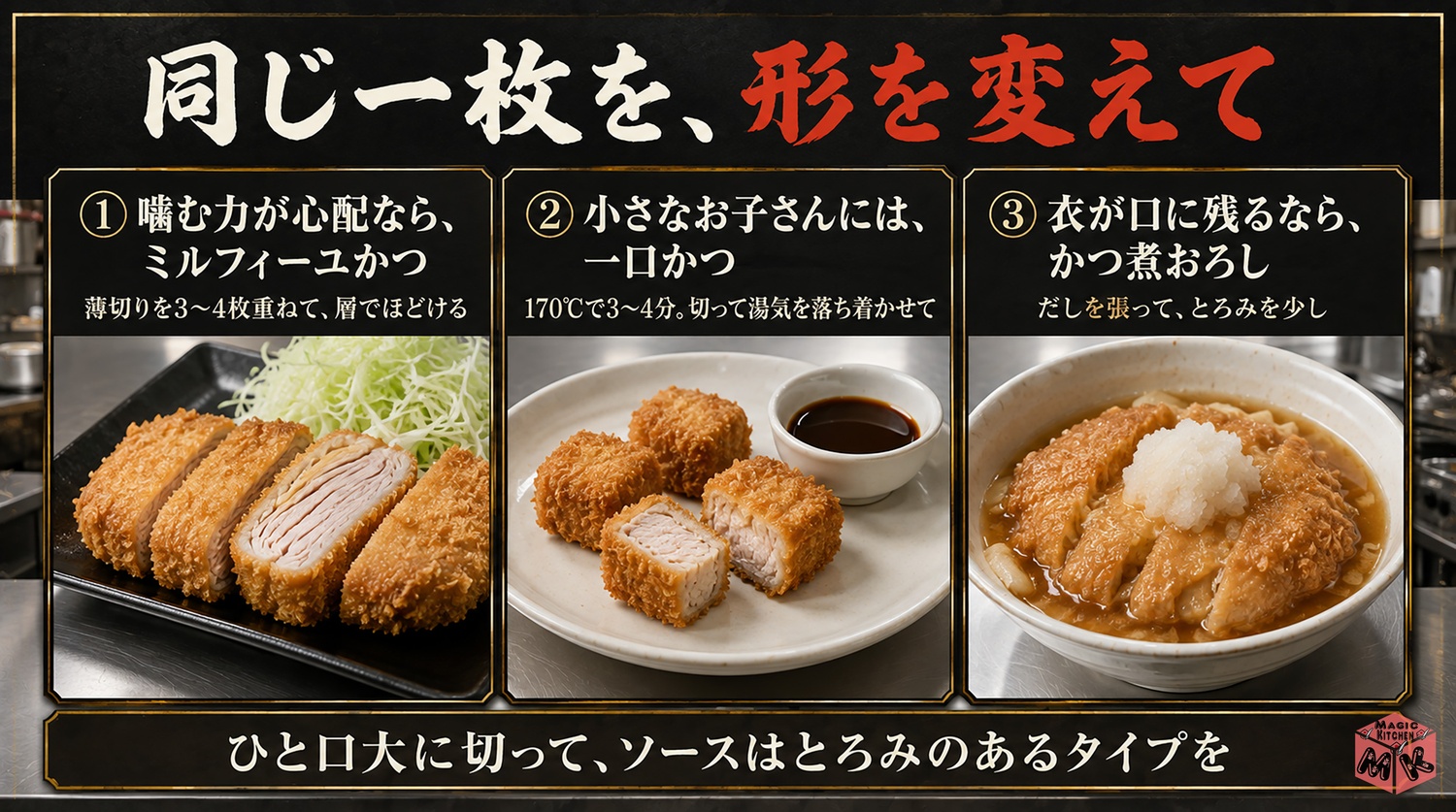 高齢の方や子供にやさしいとんかつの出し方の図解