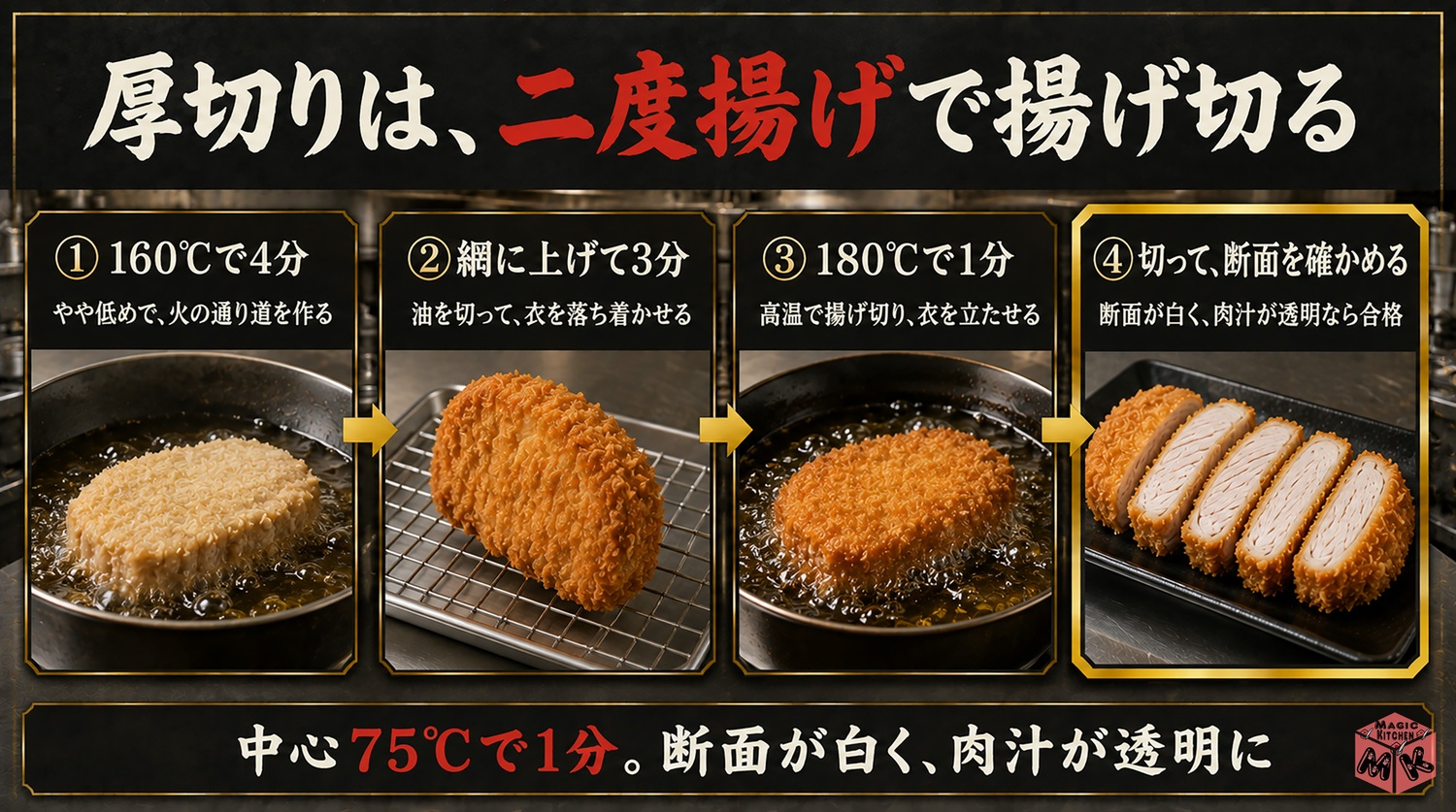 厚切りとんかつの二度揚げと断面の図解