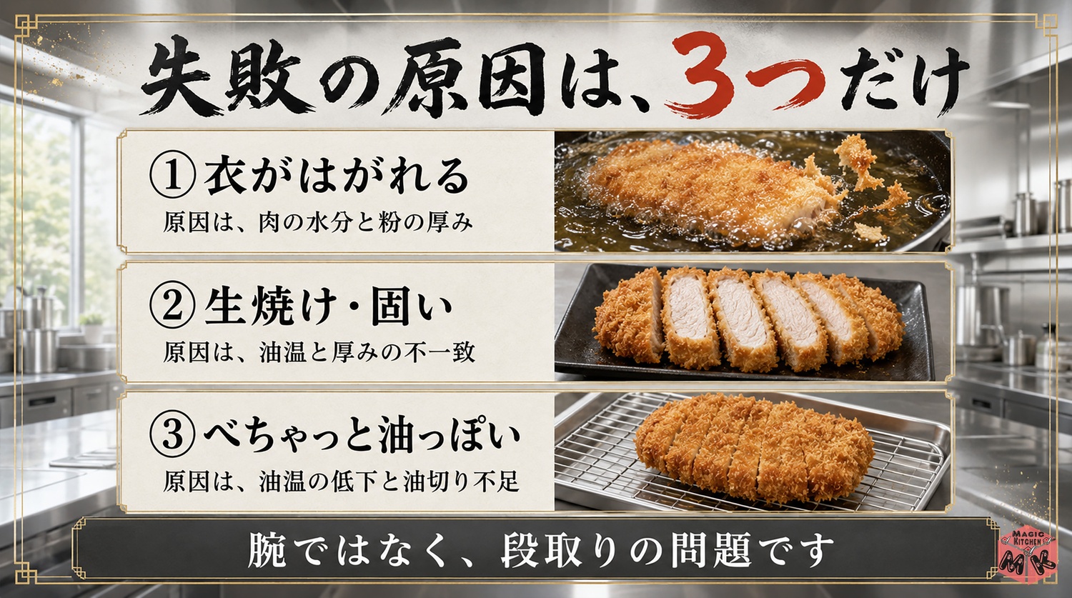 とんかつの失敗3つの原因と対策の図解