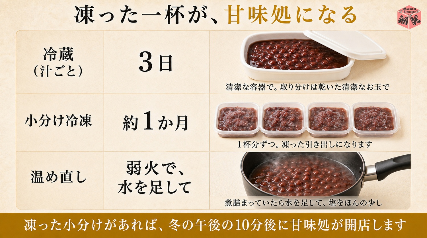 ぜんざいの冷蔵と小分け冷凍の保存の図解