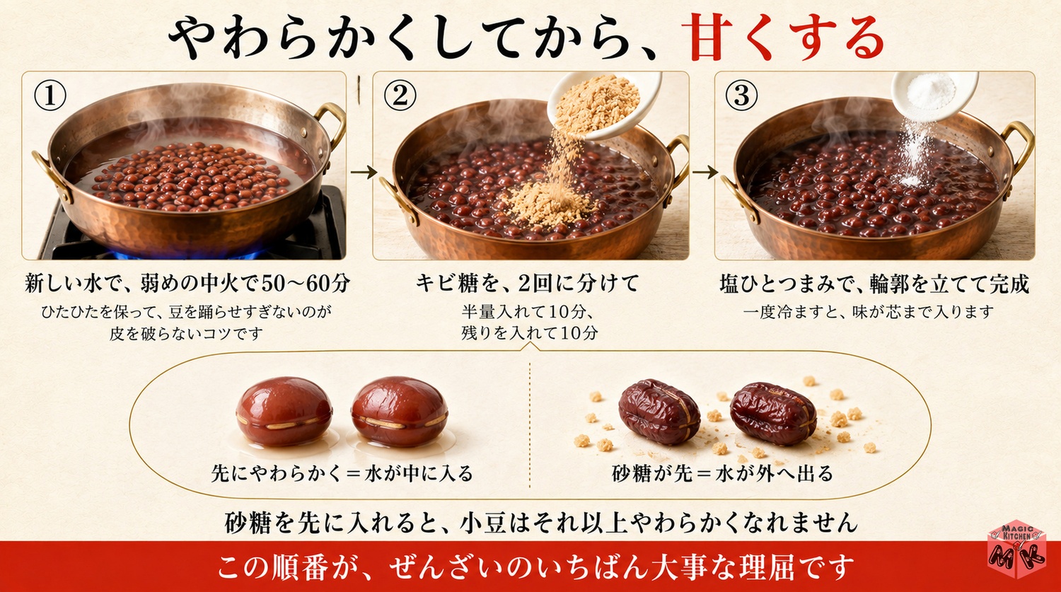 小豆をやわらかく炊いてから砂糖を2回に分けて加える工程図