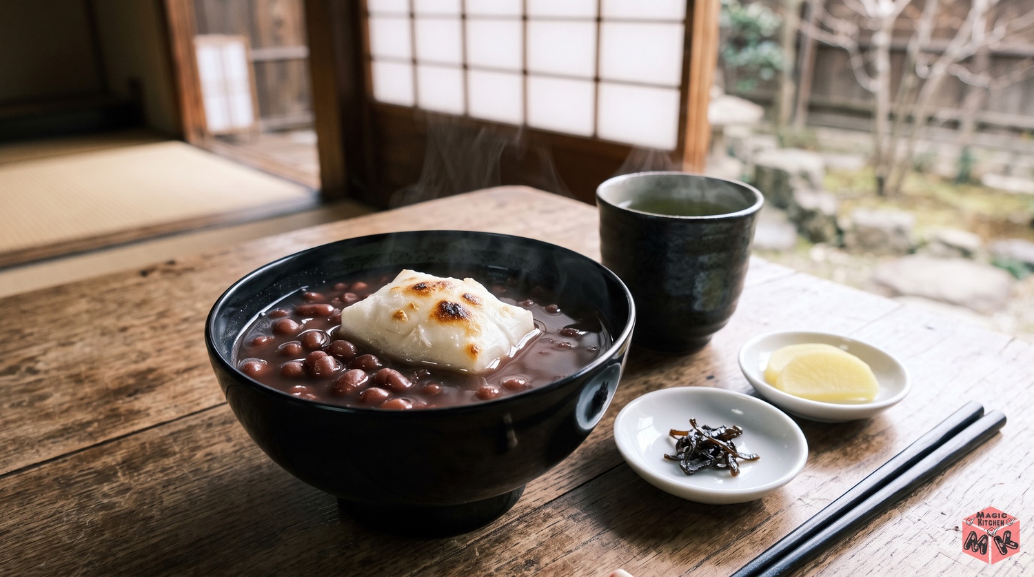 ぜんざいの椀に塩昆布の小皿を添えた甘味処の食卓イメージ