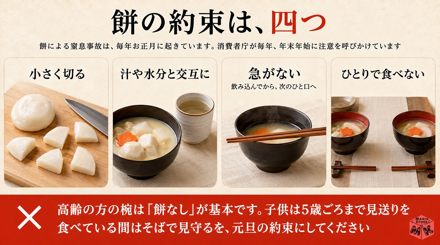 餅の約束は四つの図解（小さく切る・汁と交互に・急がない・ひとりで食べない）