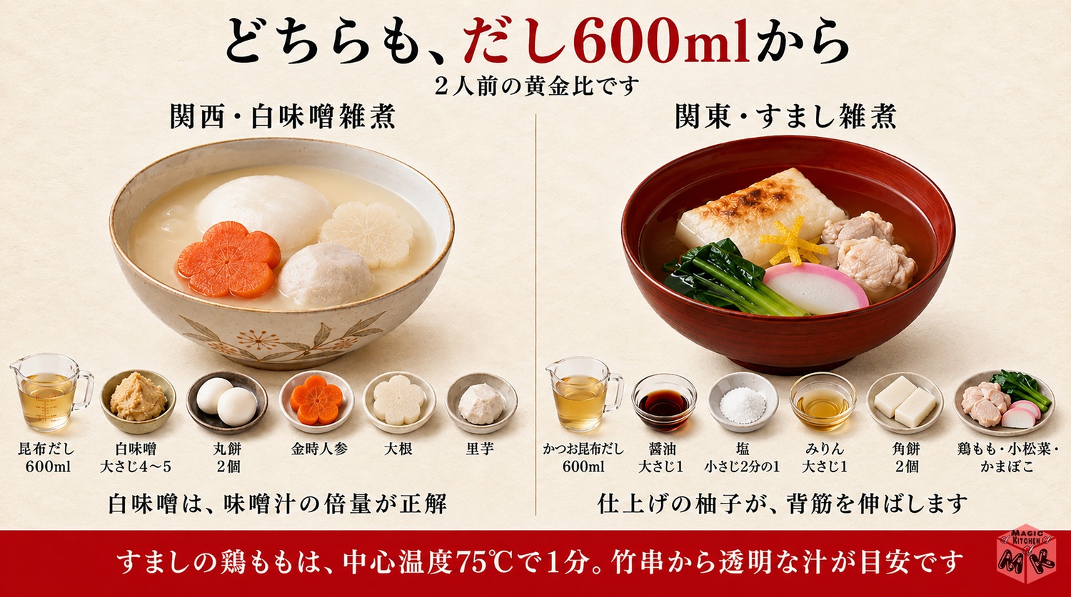 お雑煮の黄金比の図解（関西白味噌と関東すまし）
