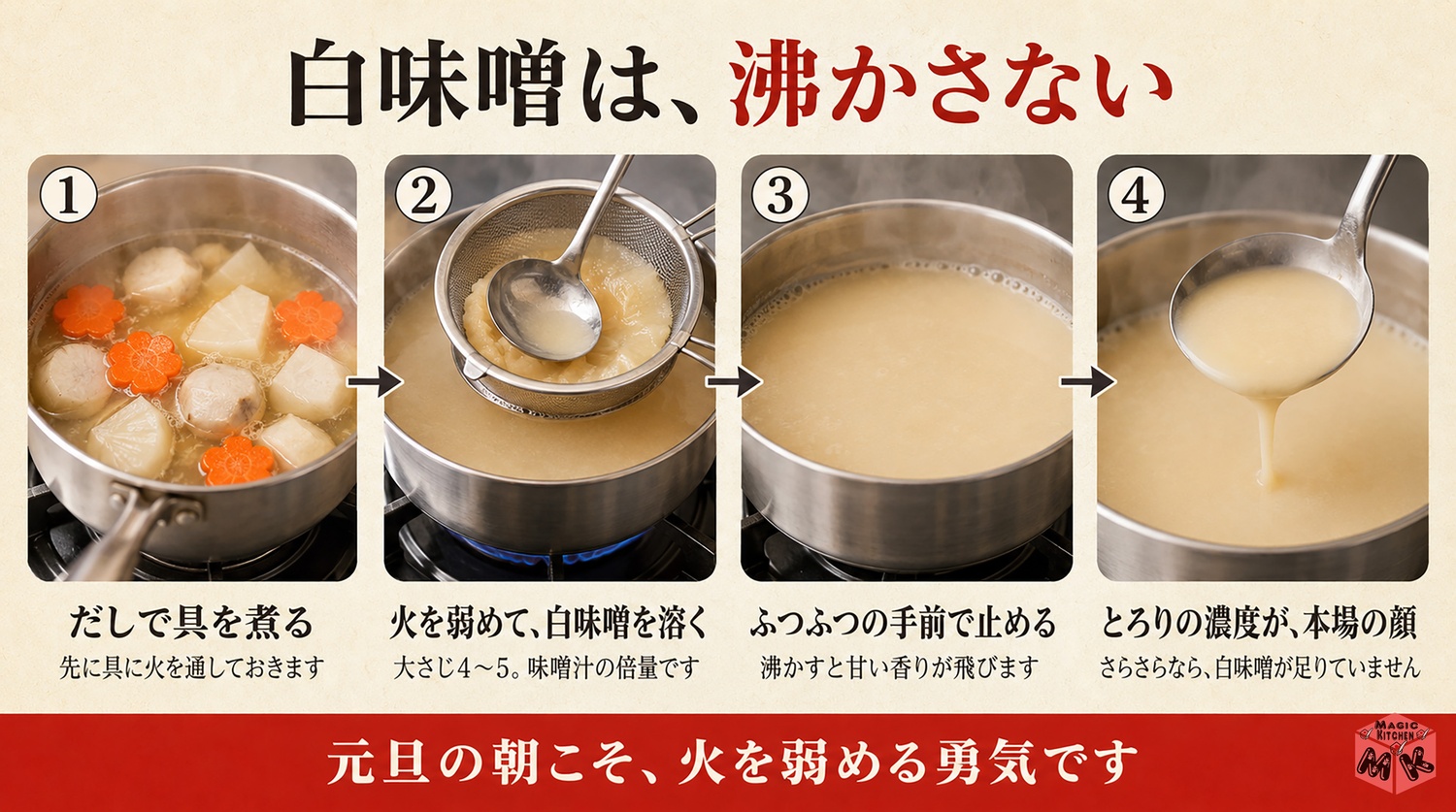 関西の白味噌雑煮の作り方の図解