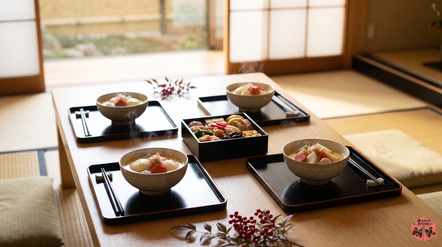 お雑煮を食卓に並べたイメージ