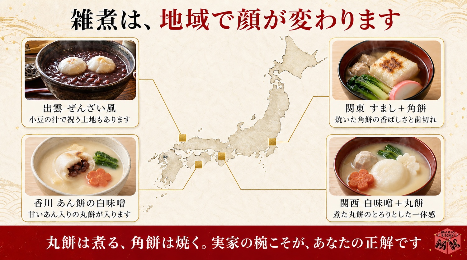 東西のお雑煮の違いの図解（丸餅は煮る・角餅は焼く）