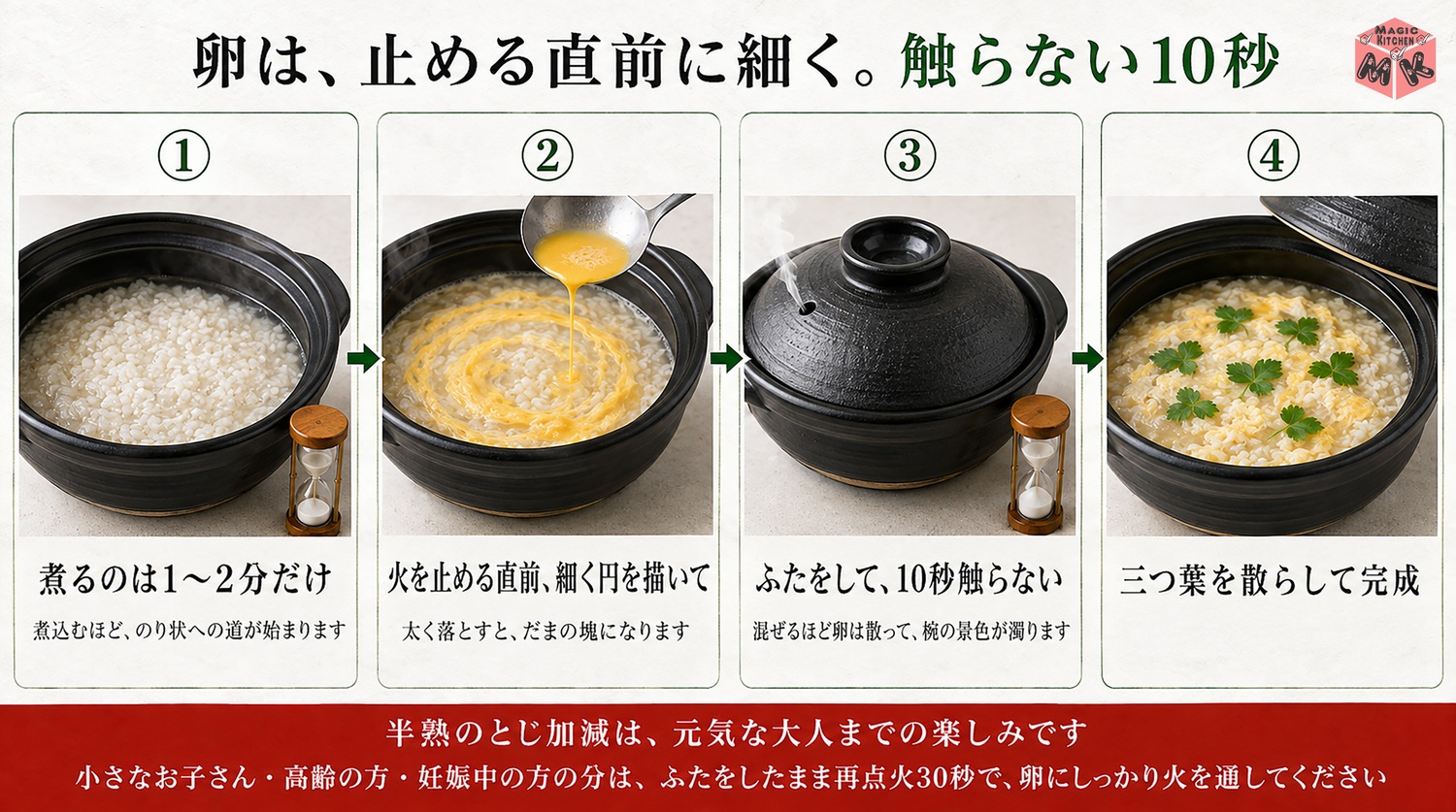 雑炊の卵の回し入れの図解(止める直前・触らない10秒)