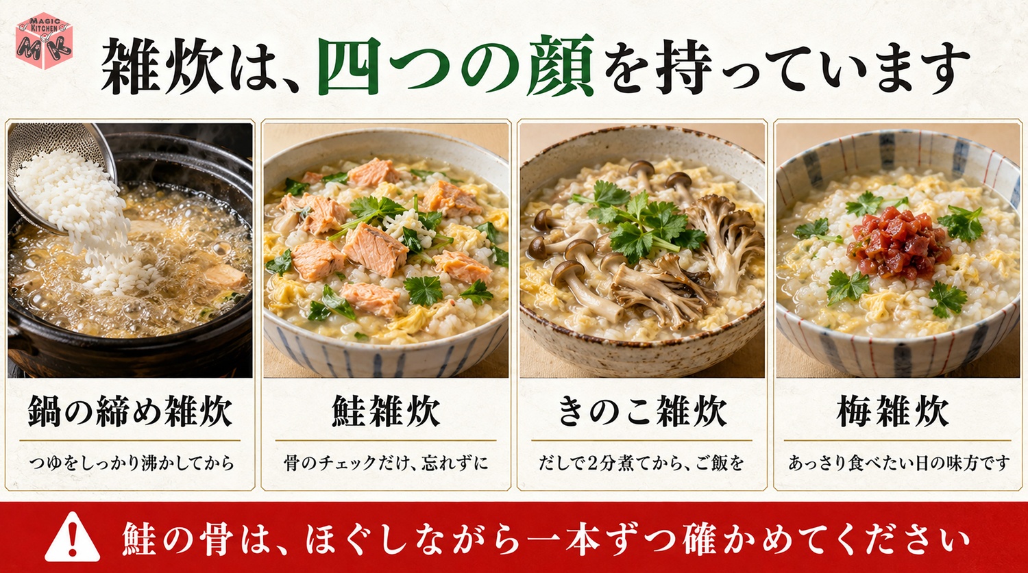雑炊の展開4種の図解(締め・鮭・きのこ・梅)