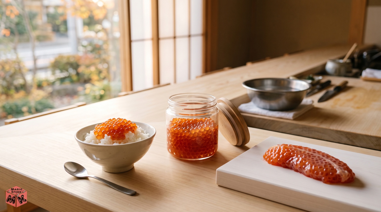 小瓶のいくら醤油漬けといくらご飯と生筋子の秋の仕込みイメージ