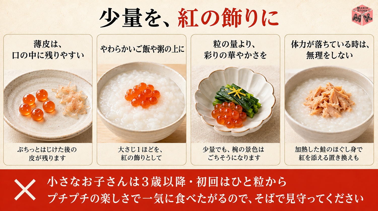 高齢の方には少量のいくらを紅の飾りとしてのせる出し方の図解
