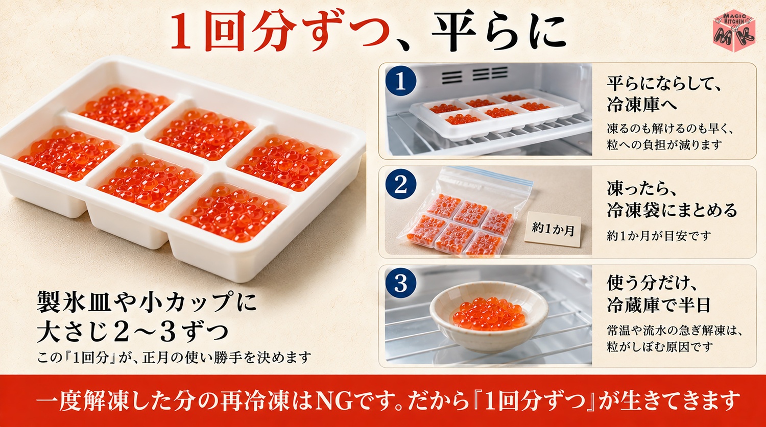 いくらを製氷皿で小分け冷凍して正月に使う工程図