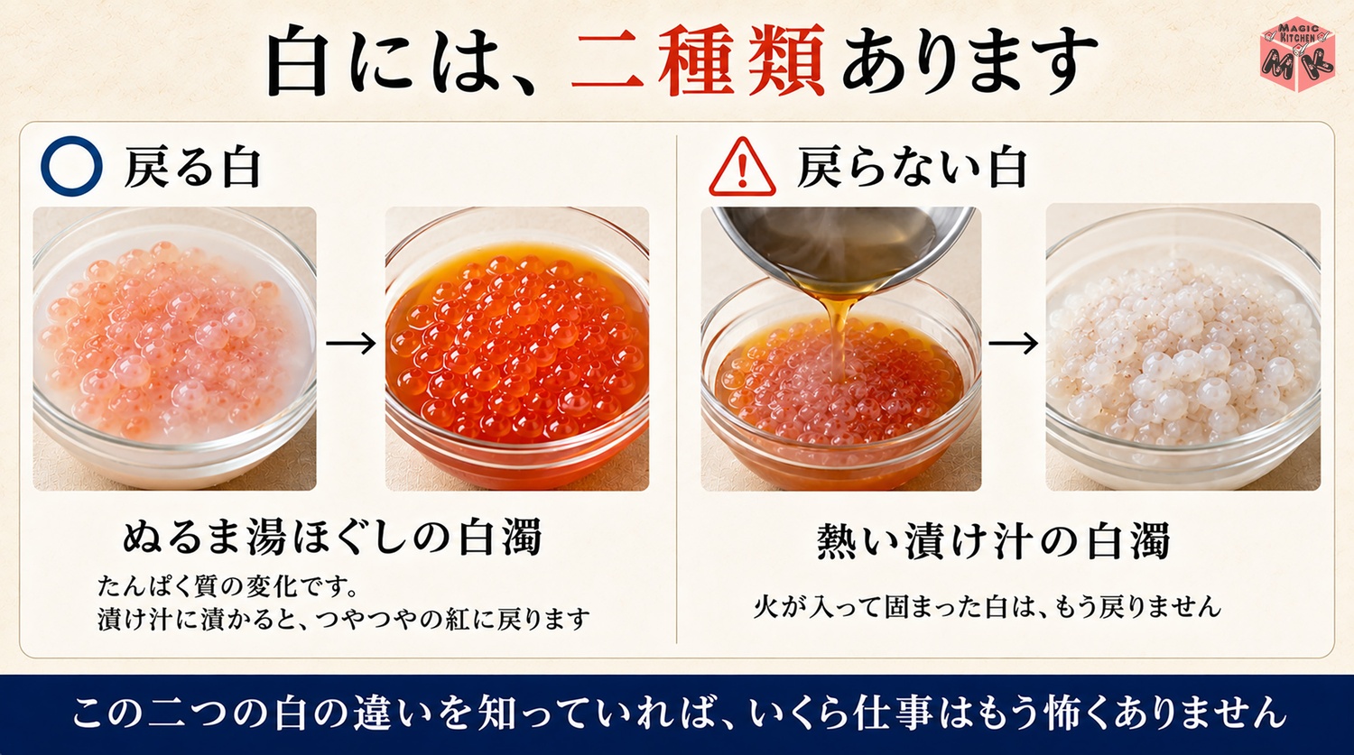 ぬるま湯ほぐしの白濁は戻り熱い漬け汁の白濁は戻らない違いの図解
