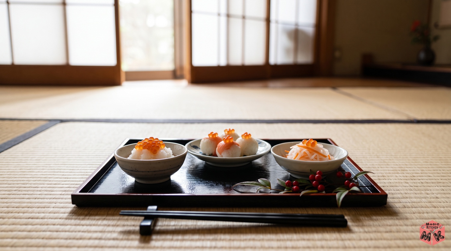 正月の食卓のいくらおろしと手まり寿司のイメージ
