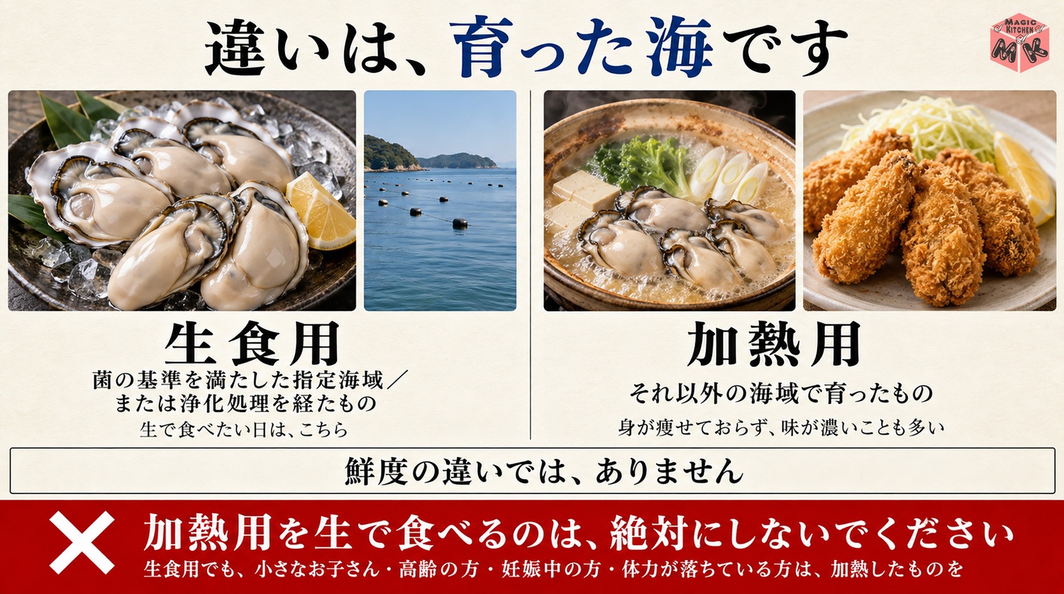 牡蠣の生食用と加熱用の違いは育った海域という図解(鮮度の違いではありません)