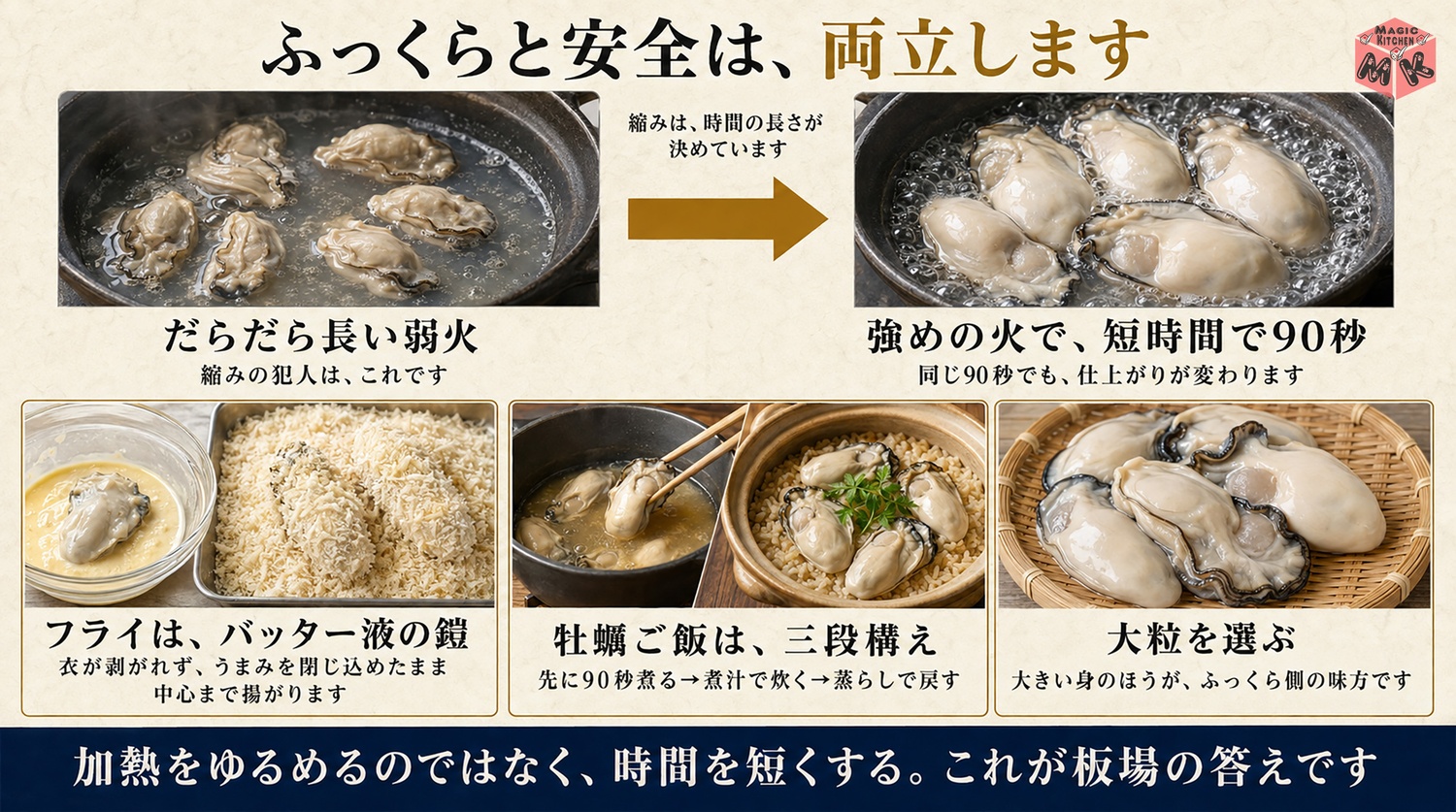 牡蠣が縮まない加熱のコツの図解
