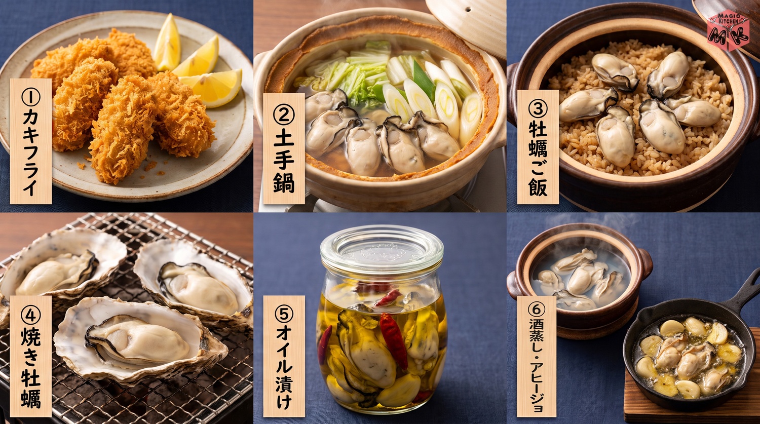 牡蠣の楽しみ方・冬のごちそう6種のコラージュ