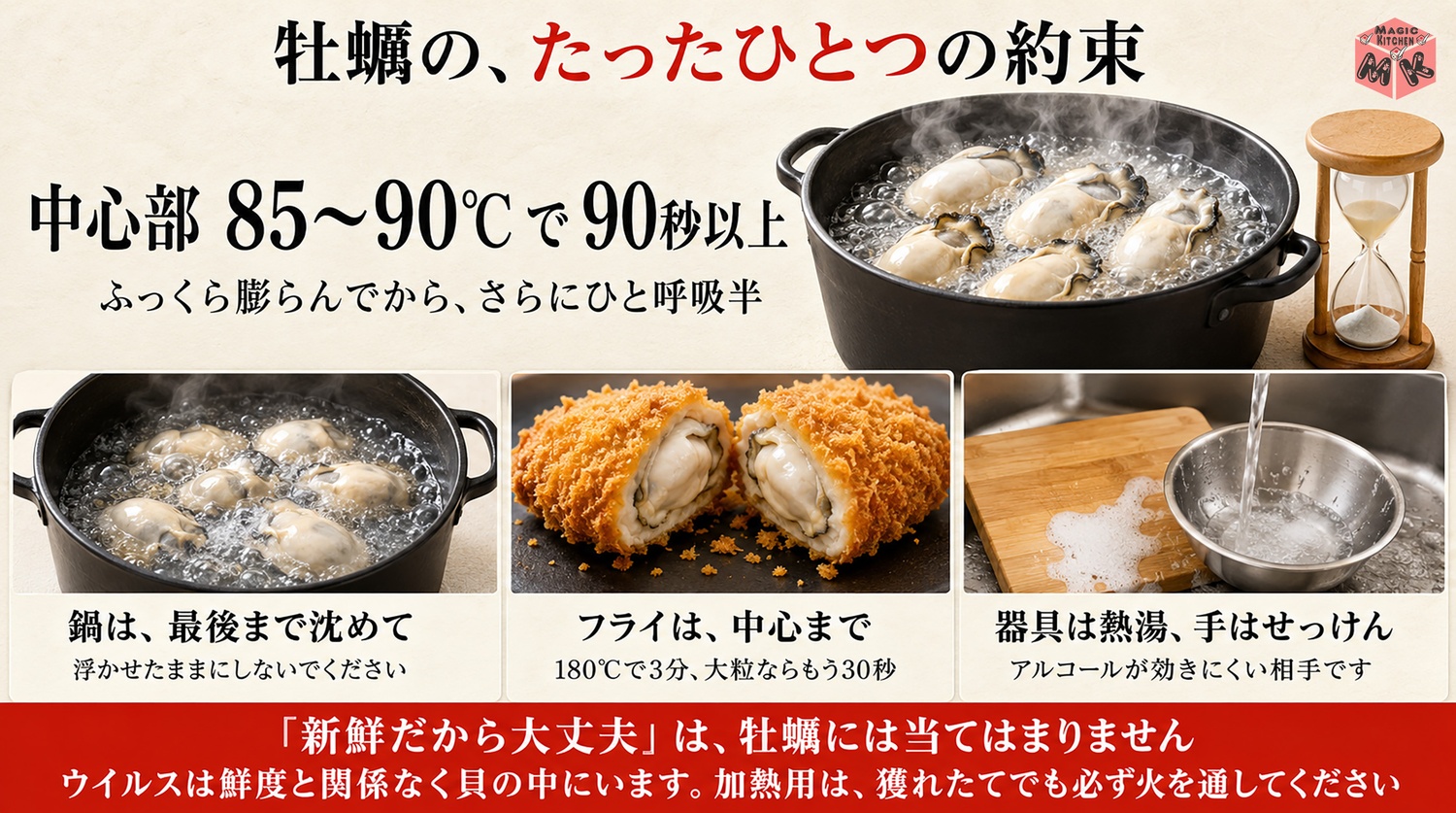 牡蠣の加熱の絶対条件の図解(中心部85〜90度で90秒以上)
