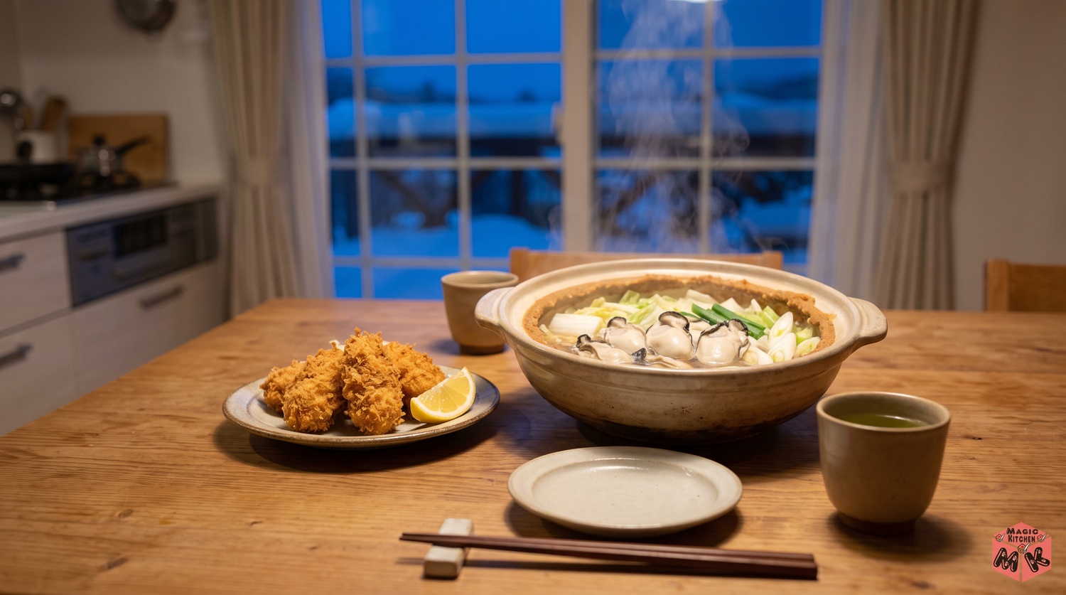 牡蠣の料理を食卓に並べたイメージ