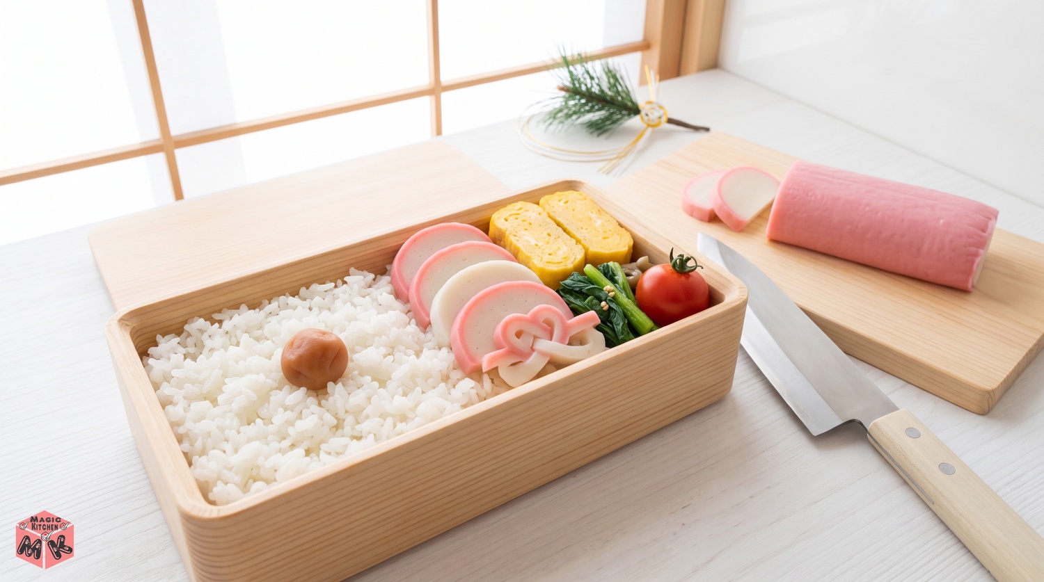 お弁当に入れた紅白かまぼこの彩り