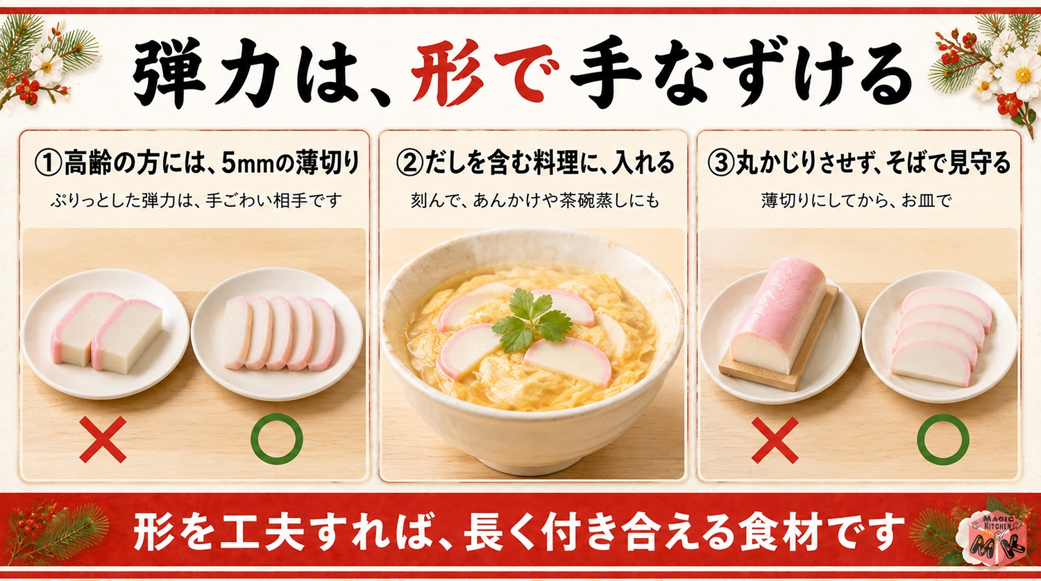 高齢の方や子供にやさしいかまぼこの出し方の図解
