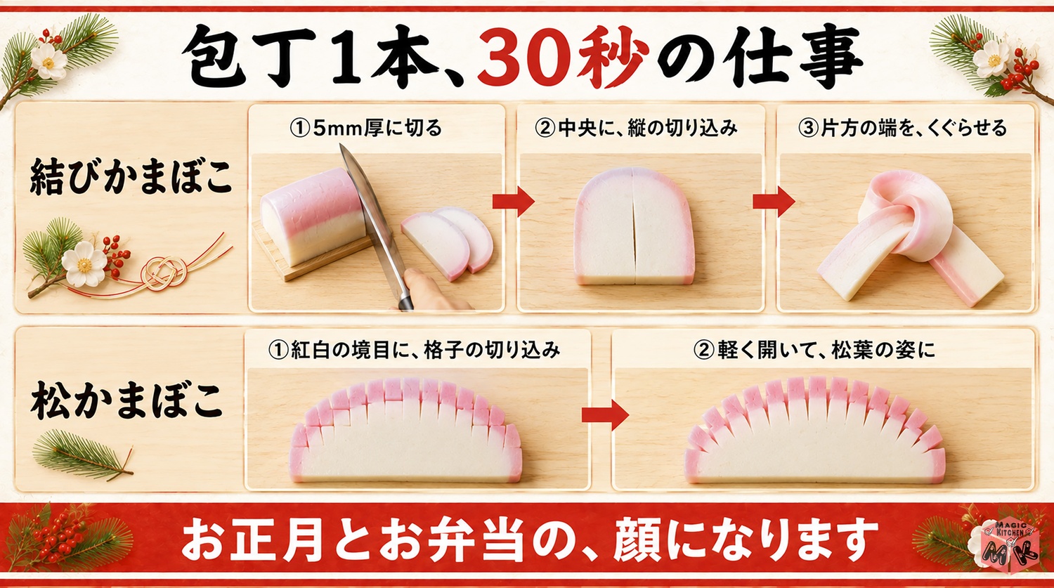 結びかまぼこと松かまぼこの飾り切り手順の図解