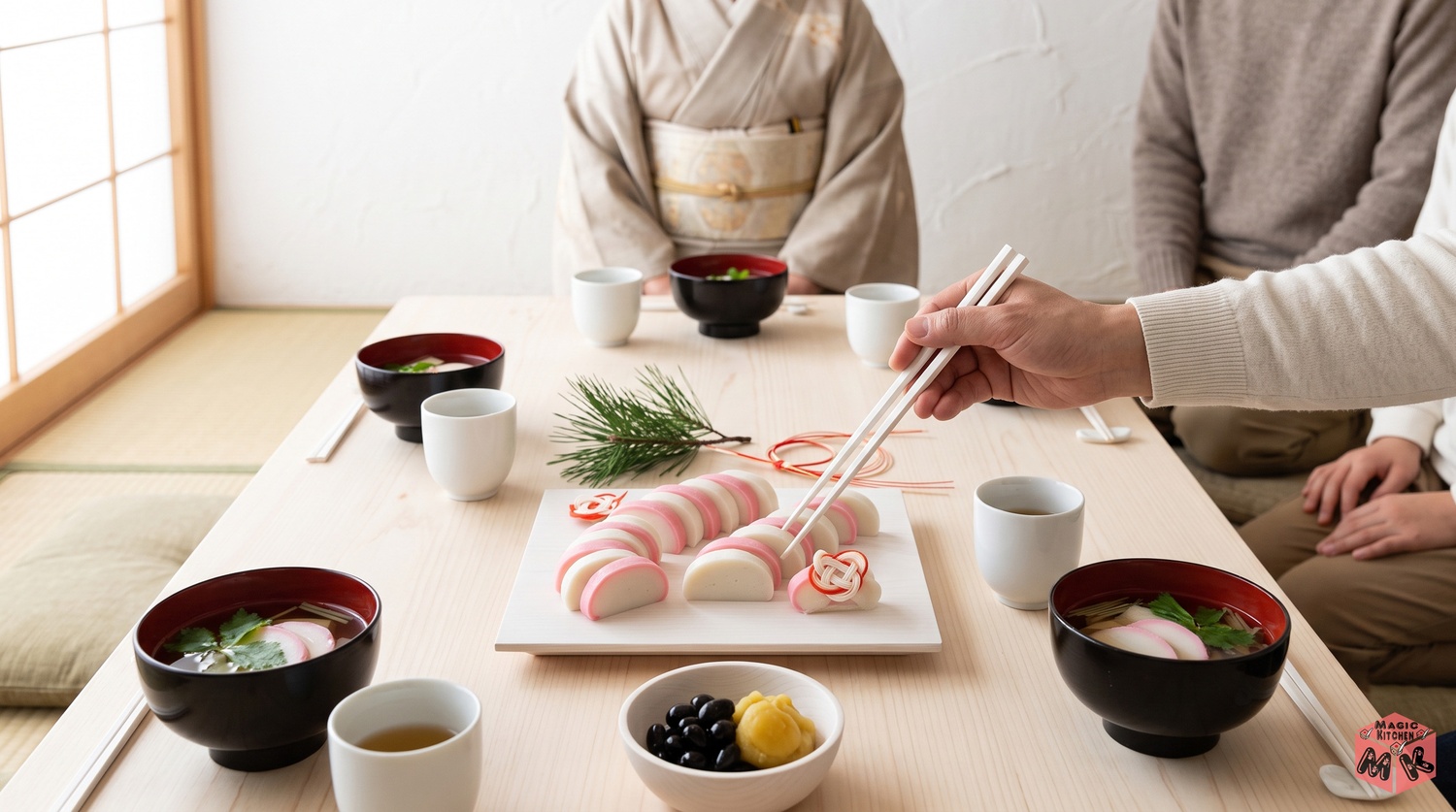 お正月の食卓の紅白かまぼこと家族のイメージ
