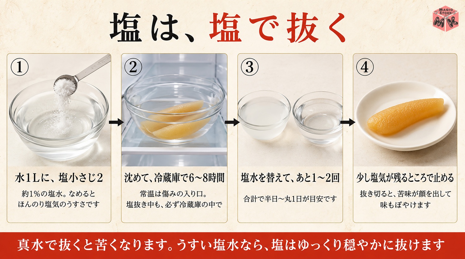 1%の塩水で数の子の塩を抜く迎え塩の工程図