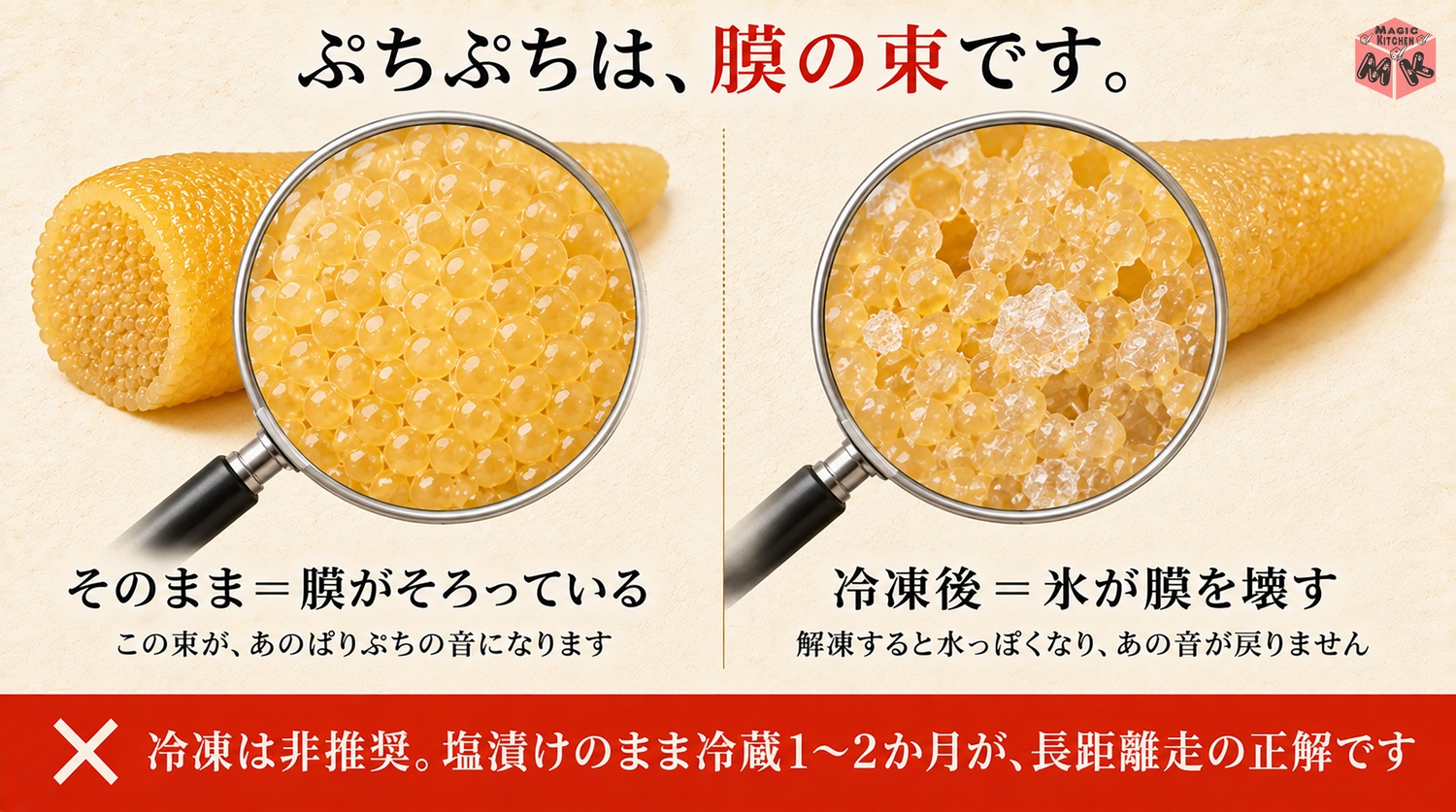 数の子を冷凍するとプチプチの膜構造が壊れて食感が落ちる図解