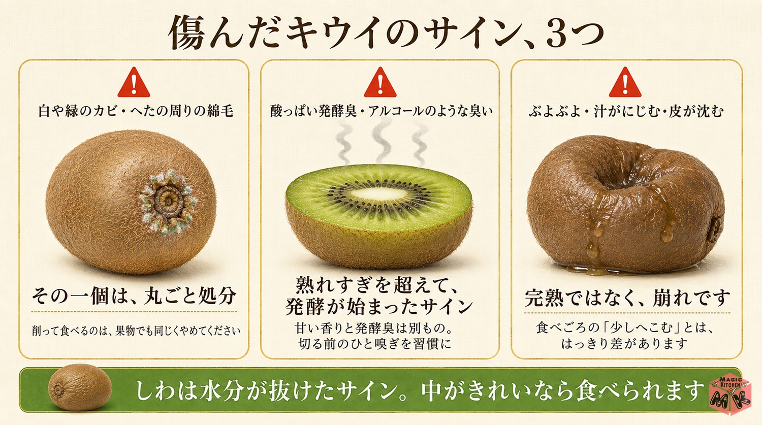 傷んだキウイのサインの図解(しわと傷みは別もの)