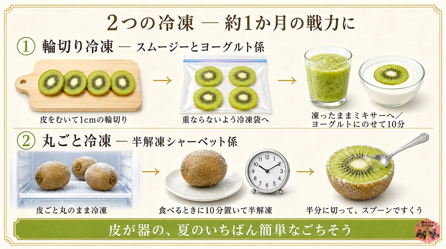 完熟キウイの冷蔵と2つの冷凍の図解