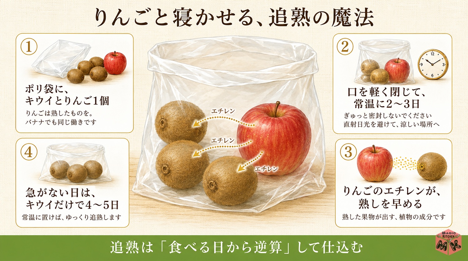 キウイをりんごと寝かせる追熟の方法の図解