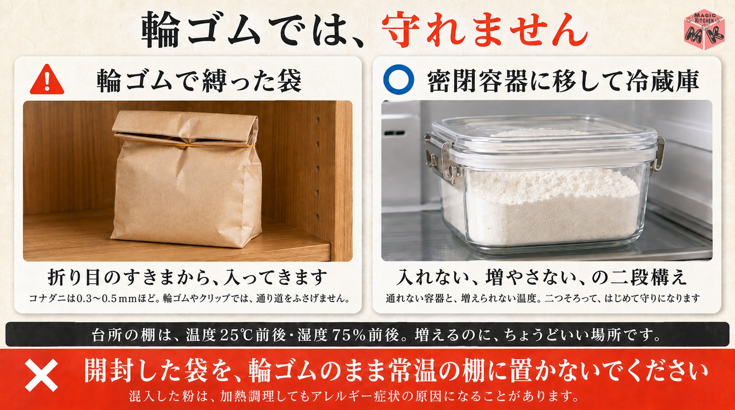 輪ゴムの袋はダニが通り抜ける密閉容器との対比図解