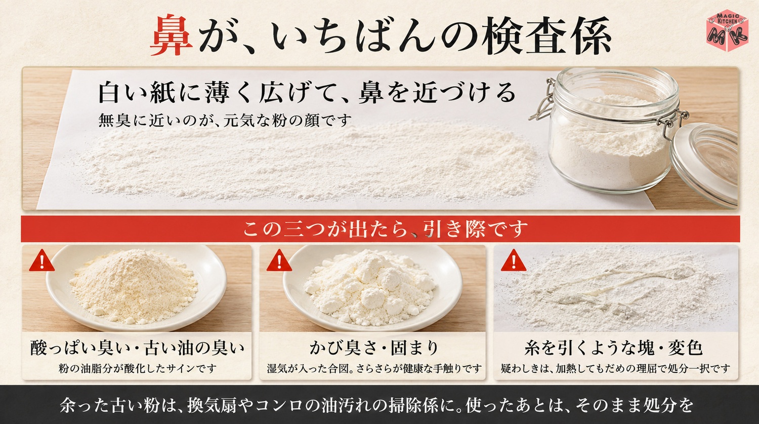 古い小麦粉の見分けの臭いテストの図解