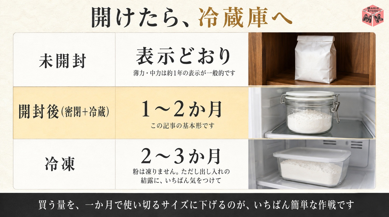 小麦粉の保存期間早見表の図解