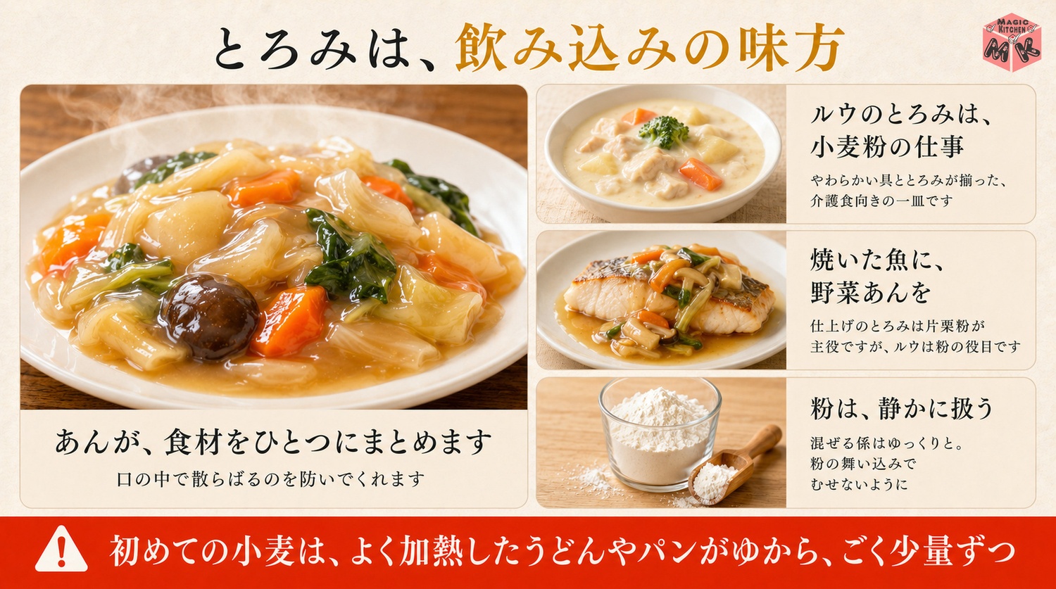 小麦粉のとろみはあんかけで飲み込みの味方になり粉の舞い込みに注意する介護の図解