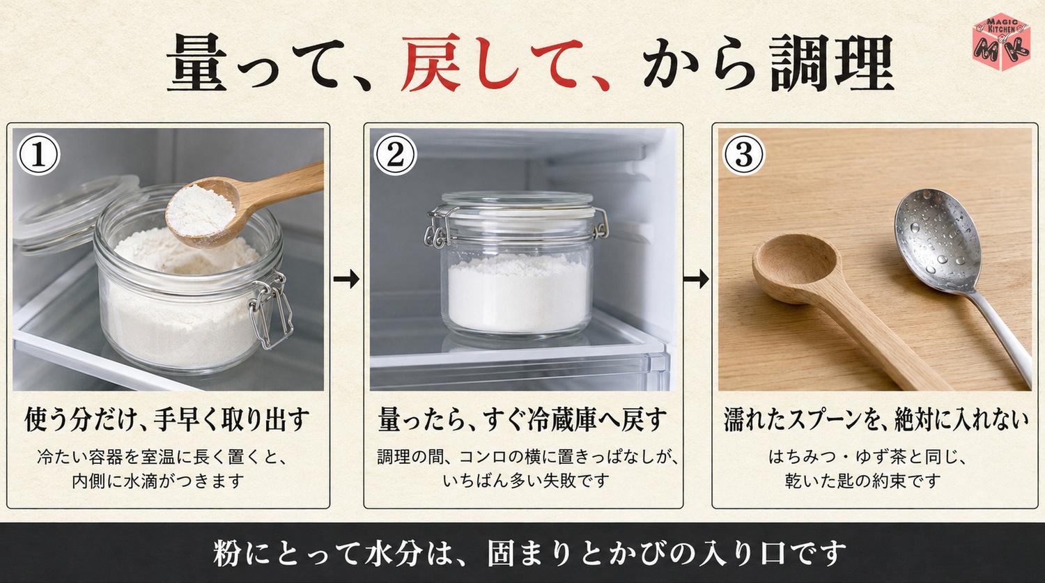 使う分だけ手早く出してすぐ戻す結露対策の工程図