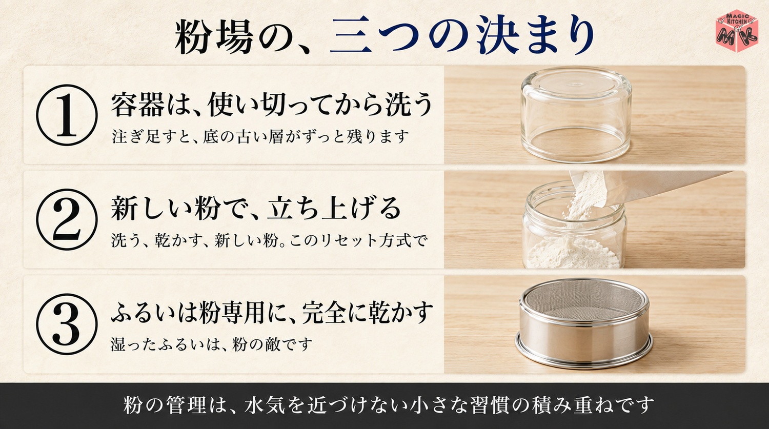 粉の容器は使い切ってから洗って乾かしふるいは粉専用にする粉場の決まりごとの図解