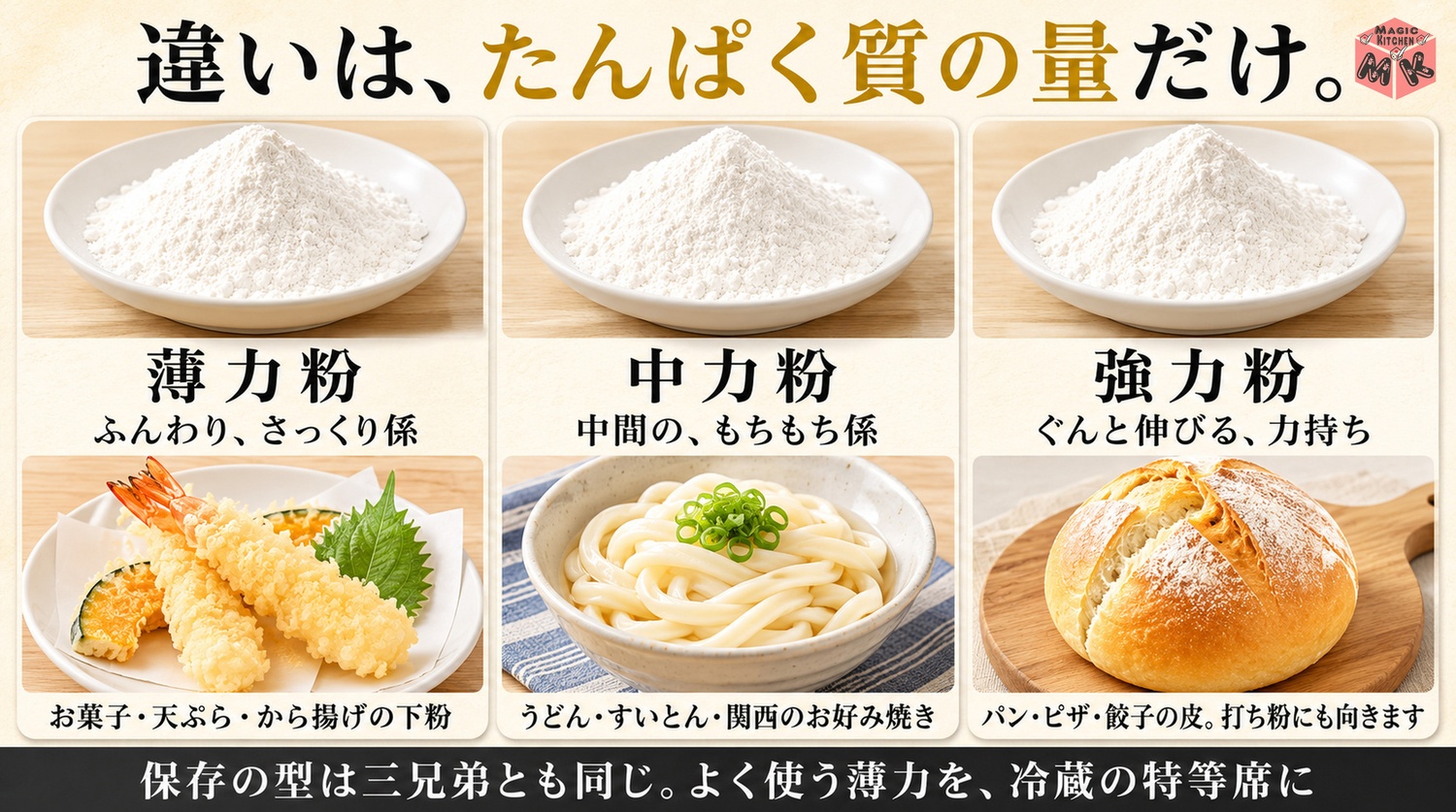 薄力中力強力のたんぱく質量と用途の使い分けマップ